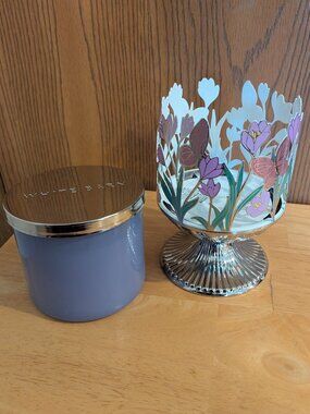 New Bath & Body Works 2 Piece Butterfly Spring 3 Wick Candle Holder w/ Candle